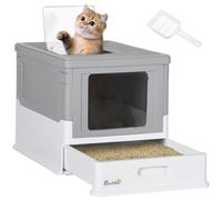 PawHut Bac à litière pour Chat Maison de Toilette fermé Pliable Double Porte battante et supérieure + Pelle + tiroir à litière Nettoyage Facile - 47,5 x 35,5 x 36,7 cm Gris Blanc