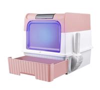 Maison de Toilette pour Chat Entièrement Fermée, Tiroir Coulissant, Conception à Deux Portes, Lampe Germicide ou Sachet désodorisant en Option,49x37x35 cm (Rose + Lampe Germicide)