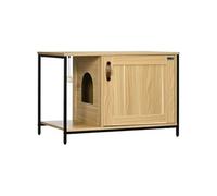 PawHut Maison de Toilette pour Chat Meuble Cache litière pour Chat Style Industriel Porte entrée latérale Boule Suspendue châssis Acier Aspect Bois Clair