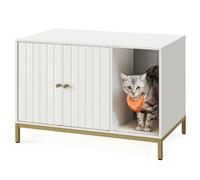 Maison de Toilettes pour Chat, Cache-litière, avec Tapis à Griffer, Pieds Hauts, Table d’Appoint, 80 x 50 x 55 cm, Blanc et Doré