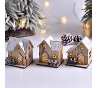 Maison de Village de Noël, 3 pièces 8 cm, Ensembles Village Noël éclairés en Bois avec lumières LED, Mini Maisons alimentées par Batterie pour décorations scène Table