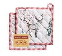 Maison d'Hermine Lot de 2 maniques 100 % coton avec boucle résistante à la chaleur pour griller, micro-ondes et poêles chaudes - Cadeaux pour la fête des mères (Noël rural) 20 x 20 cm
