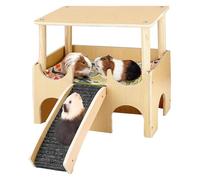 Maison En Bois Pour Petits Animaux Avec Plateforme De Jeu - Cabane Robuste Pour Rongeurs Pour Chinchillas Dégus, Grotte Vivante À Deux Étages Avec Échelle D'escalade, Bois Naturel Non Teint Avec Toit