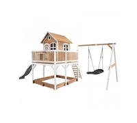 Maison Enfant avec Bac à Sable, Balançoire Nid d'Oiseau Noir & Toboggan Blanc AXI Liam en Bois Marron