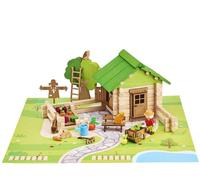 Maison et Jardin 135 Pieces - JEUJURA - Jeu de Construction en Bois Naturel, Tapis et Accessoires Inclus, 32x27x11 cm