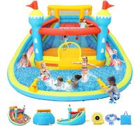 Maison gonflable avec toboggan gonflable, parc aquatique à double voie avec grand mur d'escalade, 2 canons à eau et piscine géante pour jardin extérieur avec sac de rangement et souffleur de 520 W
