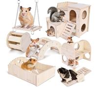 Maison Hamster: 7 Pièces Jouet Hamster Accessoire, Jouets à Mâcher, Jouets d'escalade, Pont et Balançoire, Maison en Bois pour Chinchilla
