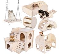 Maison Hamster: 7 Pièces Jouet Hamster, Hamster Accessoire, Jouets à Mâcher, Jouets d'escalade, Pont et Balançoire, Maison en Bois pour Hamster Chinchilla