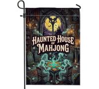 Maison hantée Mahjong Thème fantômes Halloween Jardin Drapeau 30,5 x 45,7 | Architecture de château gothique, drapeau de pelouse, carreaux de Mahjong, esprits lumineux étranges, fond pleine lune