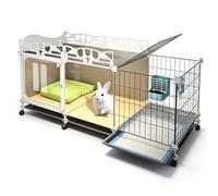Maison Lapin Intérieure Confortable avec Espace Jeu et Rangement Supérieur | Habitat pour Lapin et Cochon D’Inde, Plateforme Confortable, Roulettes Mobiles, Zone Toilette Séparée(105x35x55cm)