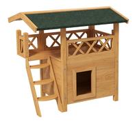 PawHut Maison Lodge pour Chats Sauvage errants - Niche Villa avec terrasse, escalier, Toit pour Chat - 77 x 50 x 73 cm - Bois Naturel et Vert