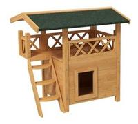 PawHut Maison Lodge pour Chats Sauvage errants - Niche Villa avec terrasse, escalier, Toit pour Chat - 77 x 50 x 73 cm - Bois Naturel et Vert