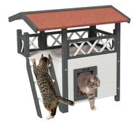 Maison Lodge Pour Chat - Niche Villa Avec Terrasse, Escalier, Toit - Bois Sapin Gris Blanc Toit Bitumé Rouge