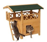 Maison lodge pour chats - PawHut - avec terrasse, escalier, toit pour chat - 77 x 50 x 73 cm - bois naturel et vert