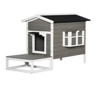 Maison Lodge Sur Pied - Niche Villa Chat Petit Chien - Terrasse, Toit Bitumé, Jardinière, 2 Portes - Bois Sapin Pré-Huilé Peint