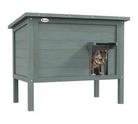 Maison Lodge Sur Pied - Niche Villa Chat - Toit Ouvrant Bitumé, Porte Extérieure/Intérieure - Bois Sapin Pré-Huilé Gris