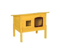 Maison niche pour chat sur pied toit bitumé ouvrant porte fenêtre bois verni