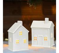 Maison Porcelaine Noel, Céramique LED Petite Maison, Maison Photophore Porcelaine, Maison en Porcelaine Mate avec Pied pour Bougie Chauffe-Plat, Petite Maison Blanche Ceramique de Noel (A+C)