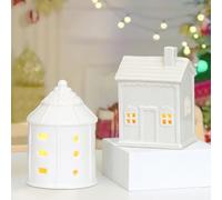 Maison Porcelaine Noel, Céramique LED Petite Maison, Maison Photophore Porcelaine, Maison en Porcelaine Mate avec Pied pour Bougie Chauffe-Plat, Petite Maison Blanche Ceramique de Noel (A+B)