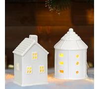 Maison Porcelaine Noel - Céramique LED Petite Maison Photophore Mate Avec Pied Pour Bougie Chauffe-Plat - Blanche (B+C)