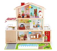 Jouet Hape Maison de Poupée en Bois - Famille de 4 Poupées Inclues avec 10 Pièces en Bois avec Lampes Amovibles et Sonnette - Jeu pour Enfant de 3 Ans et Plus