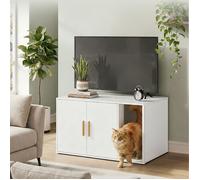 Maison pour Chat à Double Porte, Armoire Cache-Litière, Table d’Appoint, Entrée Frontale, 80 x 50 x 45 cm, Blanc
