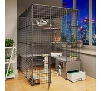 Maison pour Chat à Plusieurs étages avec Tiroir Toilette Cages pour Chat Intérieur Grande Caisse pour Animaux De Compagnie Détachable Extra Large Parc pour Chat Elosu, B, 111 * 141 * 145CM