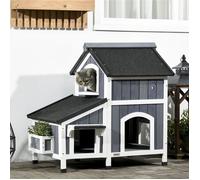 Maison pour Chat en Bois 2 Niveaux - Niche Extérieure Imperméable avec Toit en Asphalte et Jardinière - Gris et Blanc