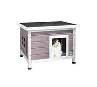 VOUNOT® Maison pour chat - Niche en bois avec toit bitumé autoportant et incliné - Porte à lamelles - Fenêtre en plexiglas - Gris