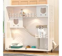 Maison pour Chat en Bois - Villa avec Porte en Verre, Grande Maisonnette, Cabane, Meubles Intérieur/Extérieur (Blanc, 120x60x125 cm)