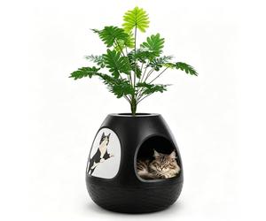 Maison pour chat en forme d'œuf avec pot de fleurs, taille XXL, 53 x 50 cm | Niche cachée pour chat - Bac à planter en haut - Pour Maine Coon et grands chats - Avec 8 tapis à gratter - Toutes saisons
