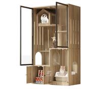 Maison Pour Chat en Verre, Villa Pour Chat à Quatre Niveaux, Cage Pour Chat, avec Poteau à Gratter, Couleur Bois