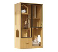 Maison Pour Chat en Verre, Villa Pour Chat à Quatre Niveaux, Grande Maison pour Chat en Bois,Couleur Bois D'érable Jaune,90x50x160cm