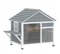 PawHut Maison pour Chat en Bois Résistant aux Intempéries avec Toit Ouvrant - Niche Extérieur avec Fenêtre, Porte à Lamelles et Plateforme - Grande Villa Chat à Double Étage, 101x72,5x81cm, Gris