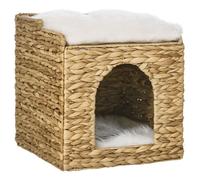 Maison pour chat - PawHut - niche 2 niveaux avec 2 coussins en jacinthe d'eau habitat repos - bois - 37,5x37,5x41,5cm