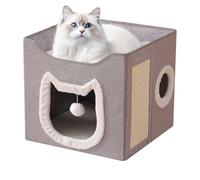 Maison pour chat, pliable, pour animal domestique, 2 couches, grande cachette douillette avec griffoir et balle, pour chats domestiques, hiver, animaux domestiques, intérieur et extérieur