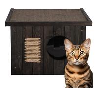 SPRINGOS Niche pour chat en bois d'extérieur - 49,5 x 58 x 36 cm - Maison en bois - Grattoir pour chat - Porte avec lamelles - Toit plat - Résistant aux intempéries - Murs isolés - Résistant à l'hiver