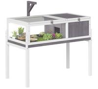 PawHut Maison pour Tortues, enclos en Bois surélevé intérieur extérieur, 2 espaces, Support de Lampe, Toit ouvrable, Plateau Coulissant et Bol d'alimentation, pour Petits Reptiles, 104x53x82cm, Gris