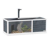 PawHut Maison pour Tortues XL 120 cm - Terrarium Tortue terrestre en Bois, 2 niches à Toit ouvrant et Aire de Jeu Ouverte - enclos avec Support Lampe et fenêtre panoramique, Gris