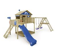 WICKEY Aire de Jeux Smart Ocean portique en Bois avec balançoire et Toboggan, Tour d'escalade pour Enfants avec bac à Sable, échelle et Accessoires de Jeu pour Le Jardin - Anthracite