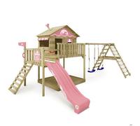 Maison sur pilotis bois WICKEY Smart Ocean avec toboggan 220 cm rose pastel et double balançoire - 10 ans de garantie*