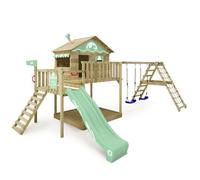 Maison sur pilotis bois WICKEY Smart Ocean avec toboggan 220 cm vert pastel et double balançoire - 10 ans de garantie*