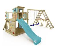 Maison sur pilotis bois WICKEY Smart Surf avec toboggan 220 cm bleu pastel et double balançoire - 10 ans de garantie*