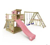 Maison sur pilotis bois WICKEY Smart Surf avec toboggan 220 cm rose pastel et double balançoire - 10 ans de garantie*