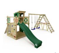 Maison sur pilotis bois WICKEY Smart Surf avec toboggan 220 cm vert et double balançoire - 10 ans de garantie*
