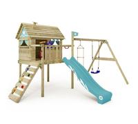 Maison sur pilotis bois WICKEY Smart Travel avec toboggan 220 cm bleu pastel et balançoire - 10 ans de garantie*