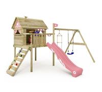 Maison sur pilotis bois WICKEY Smart Travel avec toboggan 220 cm rose pastel et balançoire - 10 ans de garantie*