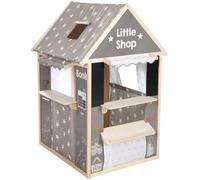 Maisonnette 4-en-1 - ROBA - Bois et tissu - 4 faces : Théâtre, épicerie, guichet poste banque, kiosque avec tableau - Gris
