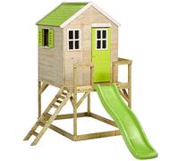 Kangui Cabane enfant en bois - Plancher, toit étanche, vert/blanc (plateforme + toboggan)