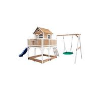 AXI Maisonnette Liam en bois – Balançoire nid rond, Toboggan bleu – Brun/Blanc